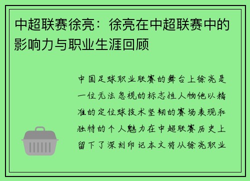 中超联赛徐亮：徐亮在中超联赛中的影响力与职业生涯回顾