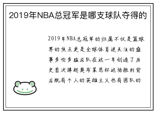 2019年NBA总冠军是哪支球队夺得的