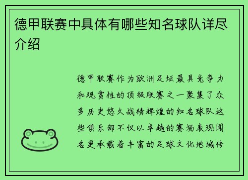 德甲联赛中具体有哪些知名球队详尽介绍